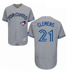 Mens Majestic Toronto Blue Jays 21 Roger Clemens Grey Road Flex Base Authentic Collection MLB Jersey