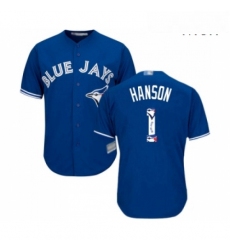 Mens Toronto Blue Jays 1 Alen Hanson Authentic Blue Team Logo Fashion Baseball Jersey 