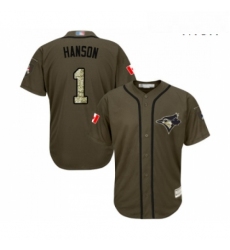 Mens Toronto Blue Jays 1 Alen Hanson Authentic Green Salute to Service Baseball Jersey 