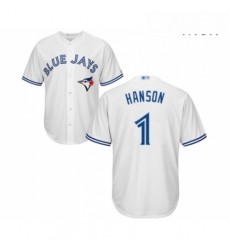 Mens Toronto Blue Jays 1 Alen Hanson Replica White Home Baseball Jersey 