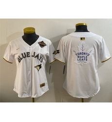 Women Toronto Blue Jays  26 Leafs White Gold 2025 American League Champions With White Leafs Logo Limited Stitched Baseball Jersey 