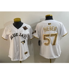 Women Toronto Blue Jays 57 Shane Bieber White Gold 2025 American League Champions Limited Stitched Baseball Jersey 