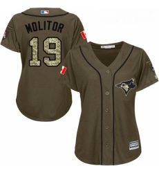 Womens Majestic Toronto Blue Jays 19 Paul Molitor Replica Green Salute to Service MLB Jersey
