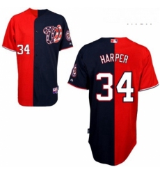 Mens Majestic Washington Nationals 34 Bryce Harper Authentic BlueRed Split Fashion MLB Jersey