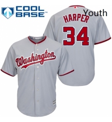 Youth Majestic Washington Nationals 34 Bryce Harper Replica Grey Road Cool Base MLB Jersey