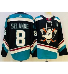 Men Anaheim Ducks 8 Teemu Selanne Black Teal Stitched Jersey
