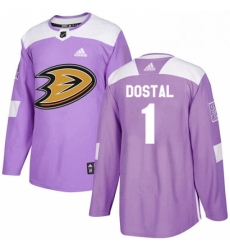 Mens Adidas Anaheim Ducks 1 Lukas Dostal Authentic Purple Fights Cancer Practice NHL Jersey 