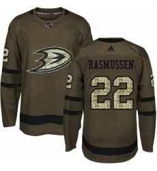 Mens Adidas Anaheim Ducks 22 Dennis Rasmussen Premier Green Salute to Service NHL Jersey 