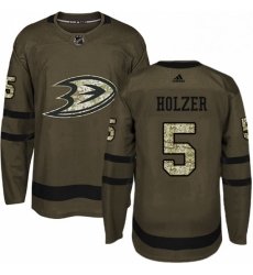 Mens Adidas Anaheim Ducks 5 Korbinian Holzer Authentic Green Salute to Service NHL Jersey 