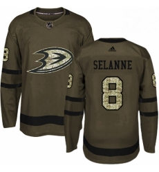 Mens Adidas Anaheim Ducks 8 Teemu Selanne Premier Green Salute to Service NHL Jersey 