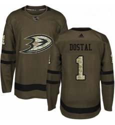 Youth Adidas Anaheim Ducks 1 Lukas Dostal Authentic Green Salute to Service NHL Jersey 