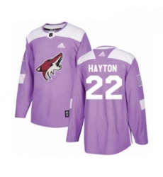 Mens Adidas Arizona Coyotes 22 Barrett Hayton Authentic Purple Fights Cancer Practice NHL Jerse