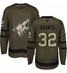 Mens Adidas Arizona Coyotes 32 Antti Raanta Authentic Green Salute to Service NHL Jersey 