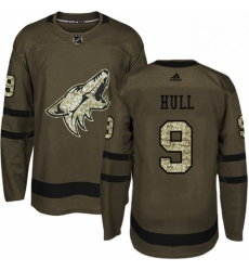 Mens Adidas Arizona Coyotes 9 Bobby Hull Authentic Green Salute to Service NHL Jersey 