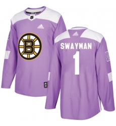 Men Boston Bruins 1 Jeremy Swayman Adidas Authentic Fights Cancer Practice Jersey   Purple