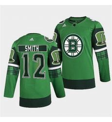 Men Boston Bruins 12 Craig Smith 2022 Green St Patricks Day Warm Up Stitched jersey