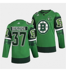 Men Boston Bruins 37 Patrice Bergeron 2022 Green St Patricks Day Warm Up Stitched jersey