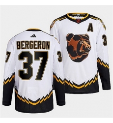Men Boston Bruins 37 Patrice Bergeron White 2022 Reverse Retro Stitched Jersey