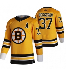 Men Boston Bruins 37 Patrice Bergeron Yellow Adidas 2020 21 Reverse Retro Alternate NHL Jersey