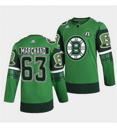 Men Boston Bruins 63 Brad Marchand 2022 Green St Patricks Day Warm Up Stitched jersey