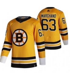 Men Boston Bruins 63 Brad Marchand Yellow Adidas 2020 21 Reverse Retro Alternate NHL Jersey