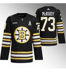 Men Boston Bruins 73 Charlie McAvoy Black With Rapid7 Patch 100th Anniversary Stitched Jersey