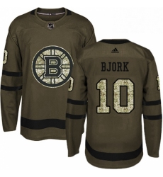 Mens Adidas Boston Bruins 10 Anders Bjork Authentic Green Salute to Service NHL Jersey 