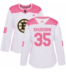 Womens Adidas Boston Bruins 35 Anton Khudobin Authentic WhitePink Fashion NHL Jersey 