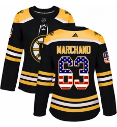 Womens Adidas Boston Bruins 63 Brad Marchand Authentic Black USA Flag Fashion NHL Jersey 