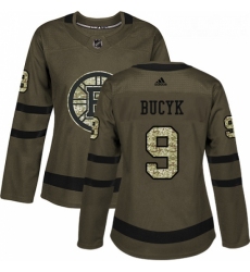 Womens Adidas Boston Bruins 9 Johnny Bucyk Authentic Green Salute to Service NHL Jersey 