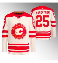 Men Calgary Flames 25 Jacob Markstrom 2023 Cream Heritage Classic Primegreen Stitched Jersey