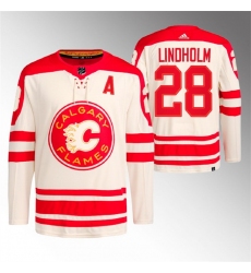 Men Calgary Flames 28 Elias Lindholm 2023 Cream Heritage Classic Primegreen Stitched Jersey