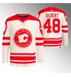 Men Calgary Flames 48 Dennis Gilbert 2023 Cream Heritage Classic Primegreen Stitched Jersey