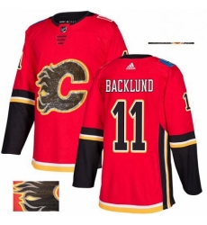 Mens Adidas Calgary Flames 11 Mikael Backlund Authentic Red Fashion Gold NHL Jersey 