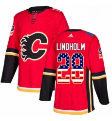 Mens Adidas Calgary Flames 28 Elias Lindholm Red Home Authentic USA Flag Stitched NHL Jersey 