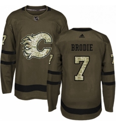 Mens Adidas Calgary Flames 7 TJ Brodie Authentic Green Salute to Service NHL Jersey 