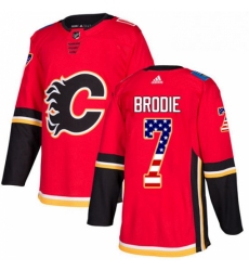 Mens Adidas Calgary Flames 7 TJ Brodie Authentic Red USA Flag Fashion NHL Jersey 