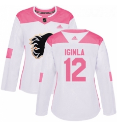 Womens Adidas Calgary Flames 12 Jarome Iginla Authentic WhitePink Fashion NHL Jersey 