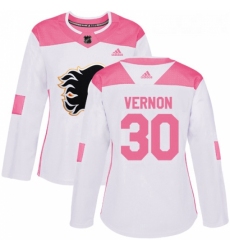 Womens Adidas Calgary Flames 30 Mike Vernon Authentic WhitePink Fashion NHL Jersey 