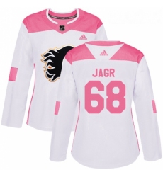 Womens Adidas Calgary Flames 68 Jaromir Jagr Authentic WhitePink Fashion NHL Jersey 