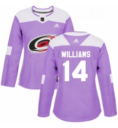 Womens Adidas Carolina Hurricanes 14 Justin Williams Authentic Purple Fights Cancer Practice NHL Jersey 