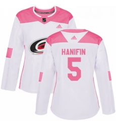 Womens Adidas Carolina Hurricanes 5 Noah Hanifin Authentic WhitePink Fashion NHL Jersey 