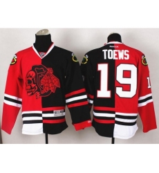 Chicago Blackhawks 19 Jonathan Toews Red Skull Logo Fashion Black Red Split NHL Jerseys
