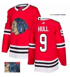 Mens Adidas Chicago Blackhawks 9 Bobby Hull Authentic Red Fashion Gold NHL Jersey 