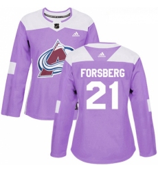 Womens Adidas Colorado Avalanche 21 Peter Forsberg Authentic Purple Fights Cancer Practice NHL Jersey 