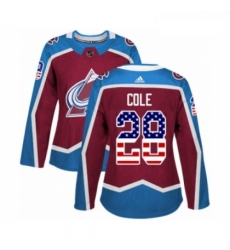 Womens Adidas Colorado Avalanche 28 Ian Cole Authentic Burgundy Red USA Flag Fashion NHL Jersey 