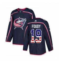Mens Adidas Columbus Blue Jackets 19 Liam Foudy Authentic Navy Blue USA Flag Fashion NHL Jersey 