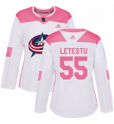 Womens Adidas Columbus Blue Jackets 55 Mark Letestu Authentic White Pink Fashion NHL Jersey 