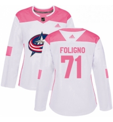 Womens Adidas Columbus Blue Jackets 71 Nick Foligno Authentic WhitePink Fashion NHL Jersey 