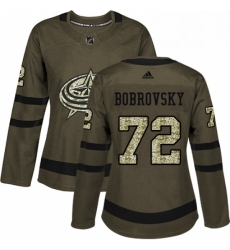Womens Adidas Columbus Blue Jackets 72 Sergei Bobrovsky Authentic Green Salute to Service NHL Jersey 